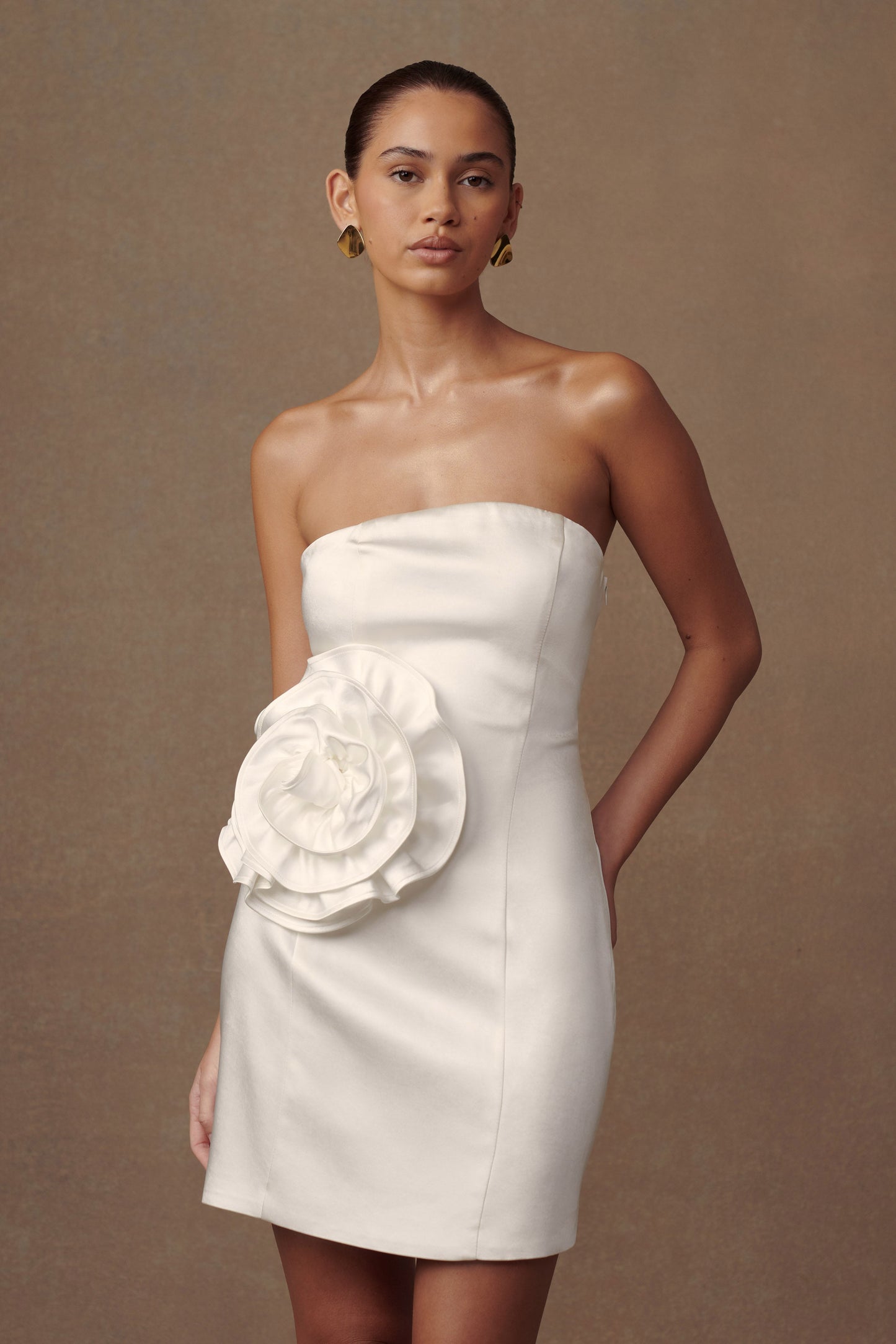 Bernadette Strapless Gül Mini Elbise - Beyaz