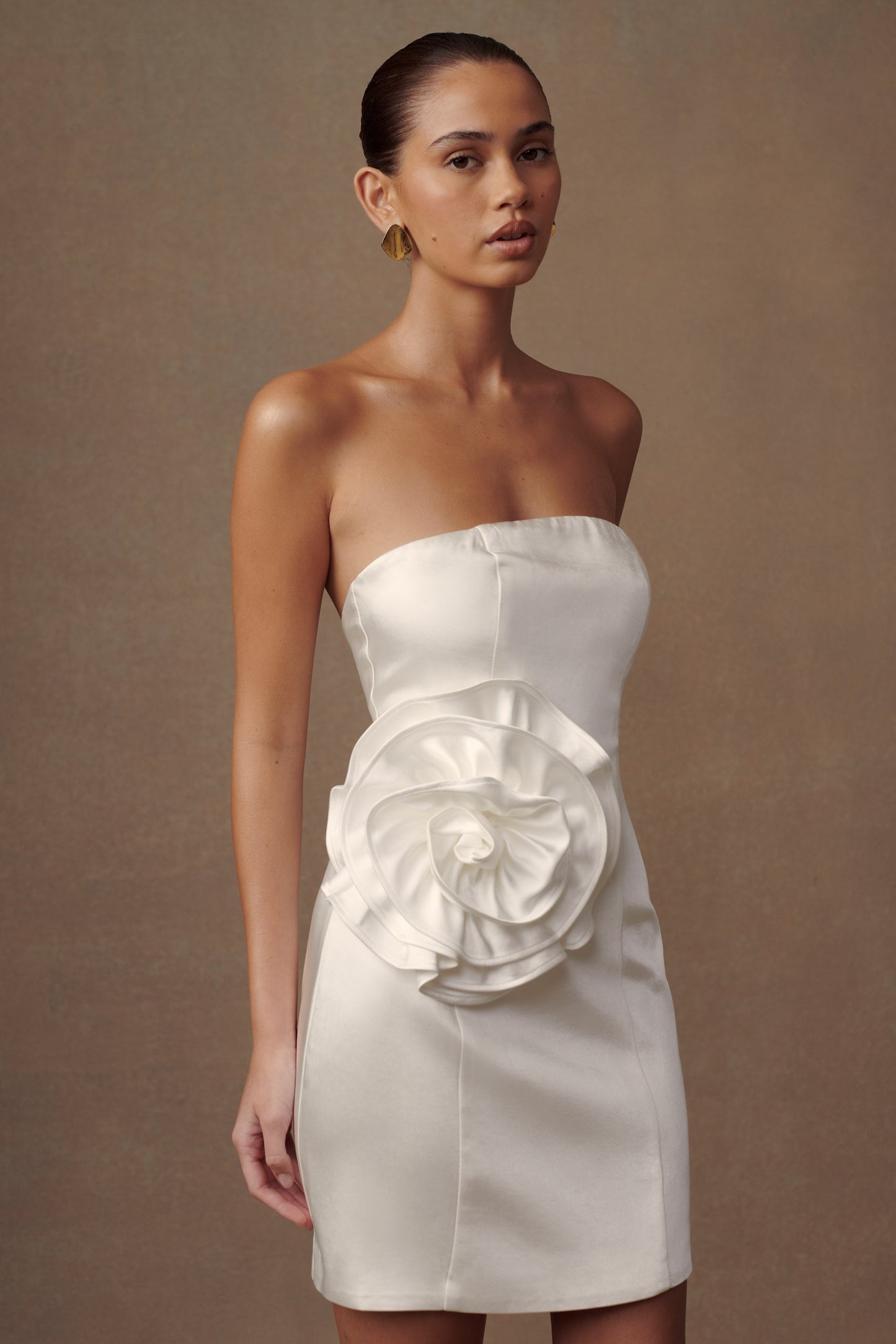 Bernadette Strapless Gül Mini Elbise - Beyaz