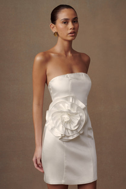 Bernadette Strapless Gül Mini Elbise - Beyaz