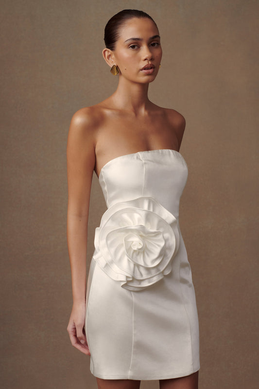 Bernadette Strapless Gül Mini Elbise - Beyaz