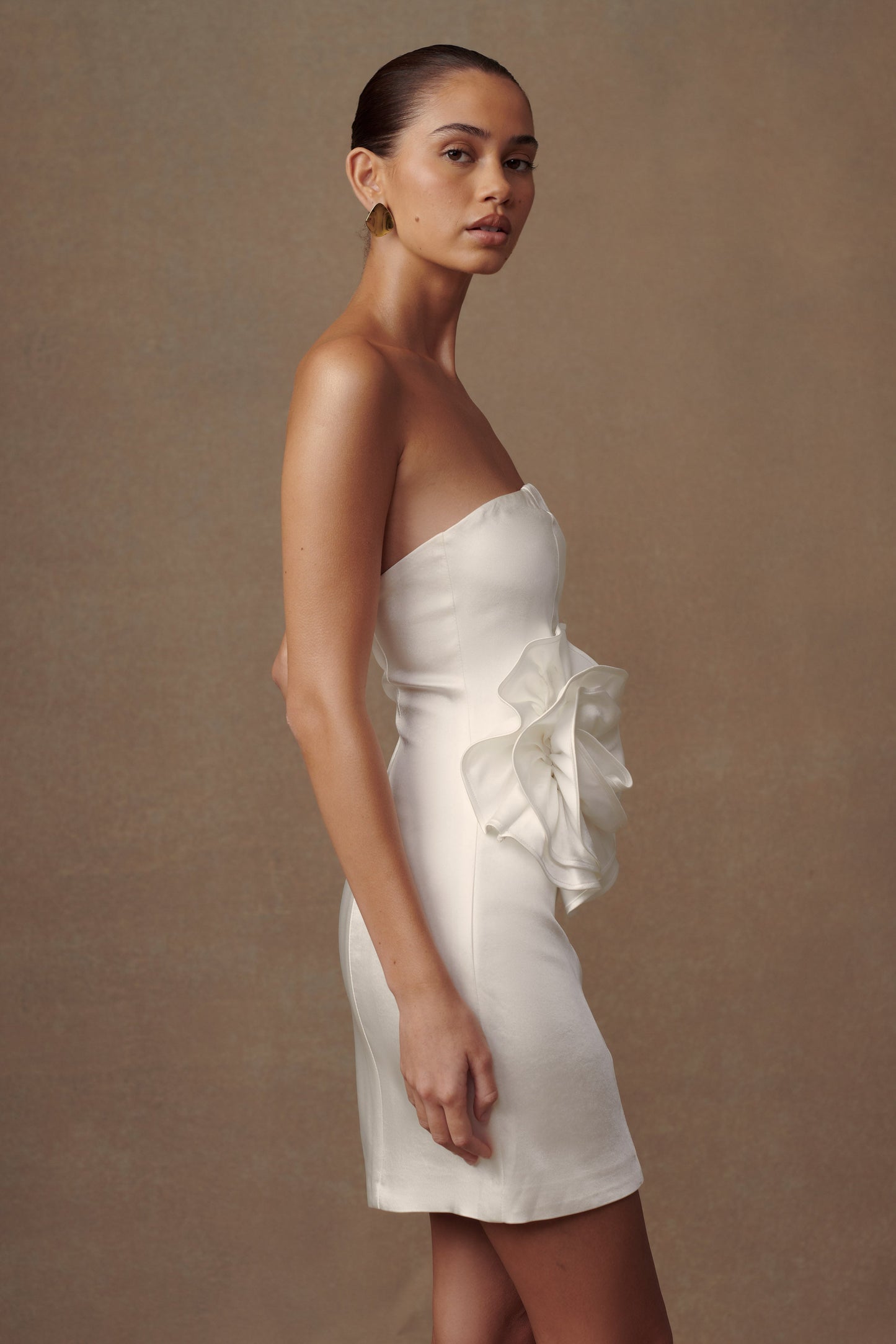 Bernadette Strapless Gül Mini Elbise - Beyaz