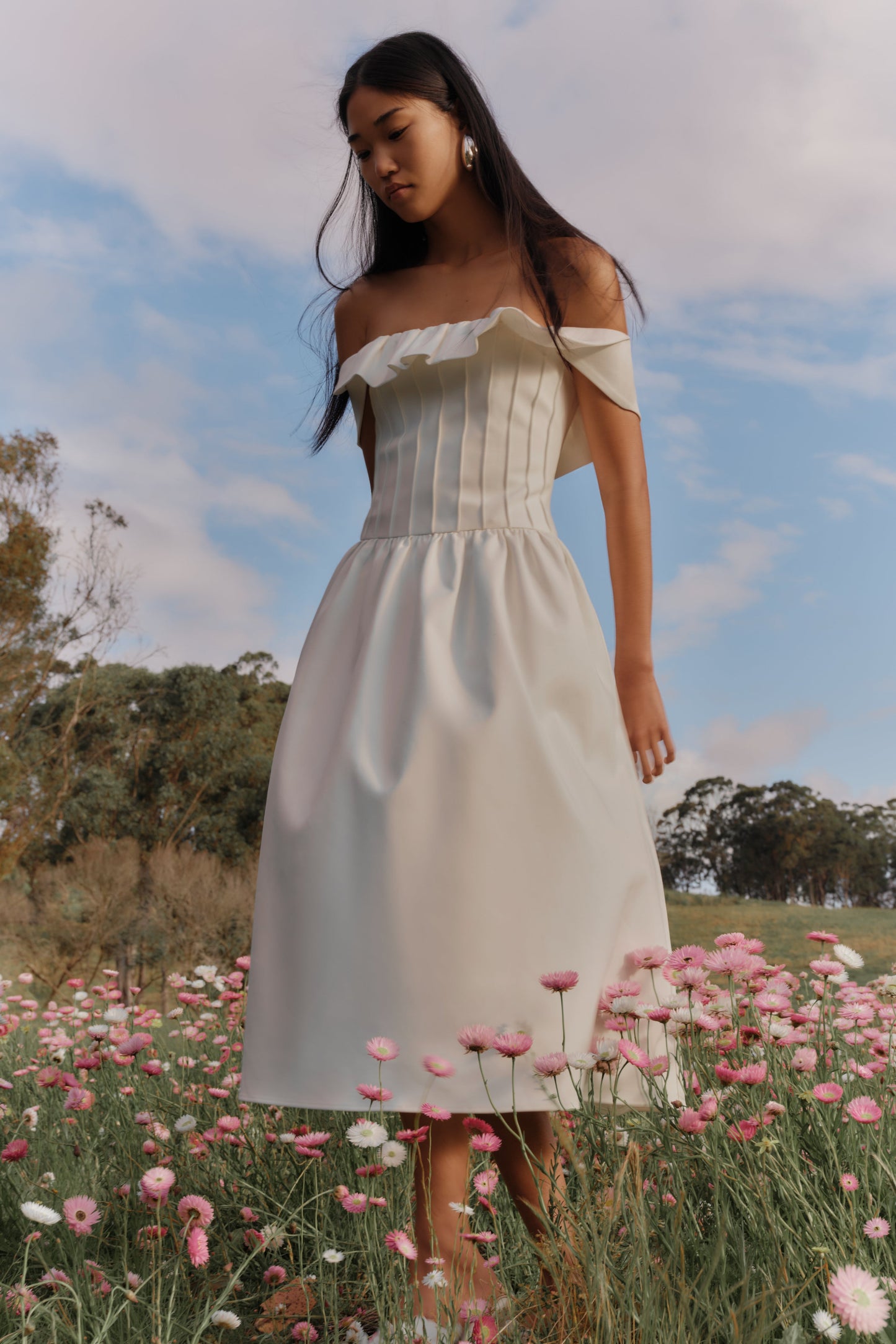 Orla Strapless Pamuk Midi Elbise - Beyaz