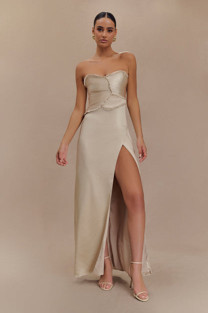 Larissa Satin Maxi Dress With Ruched Petals - Blush Gold