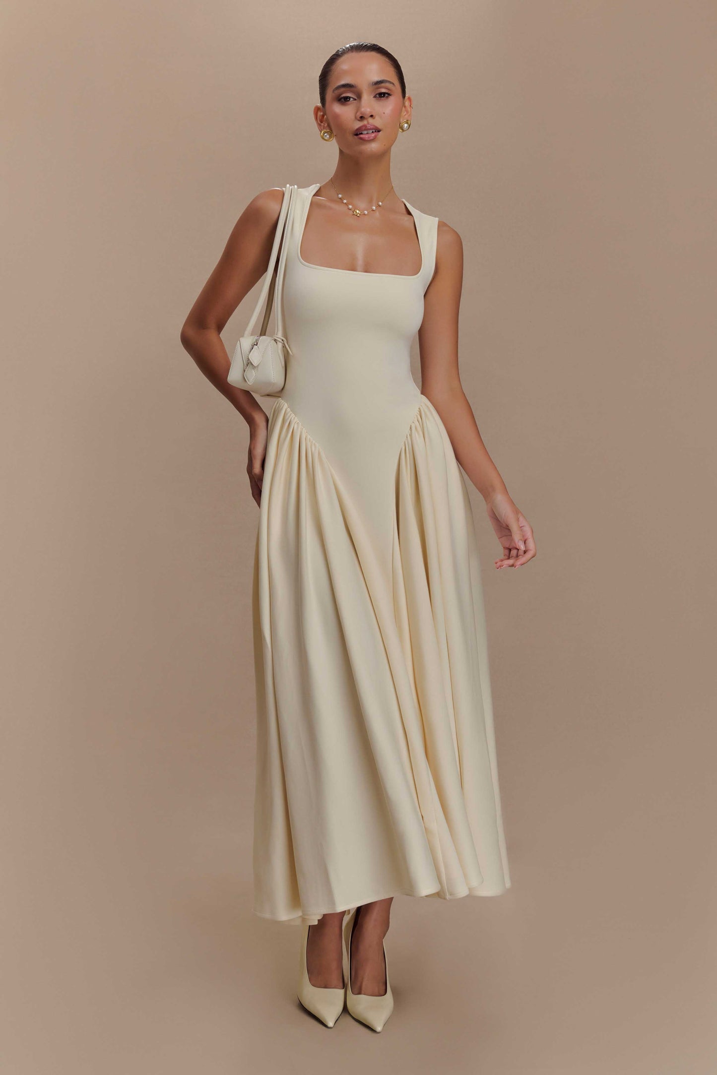 Sharon Scuba Jersey Midi Elbise - Krem