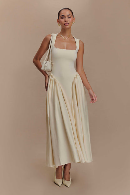 Sharon Scuba Jersey Midi Elbise - Krem