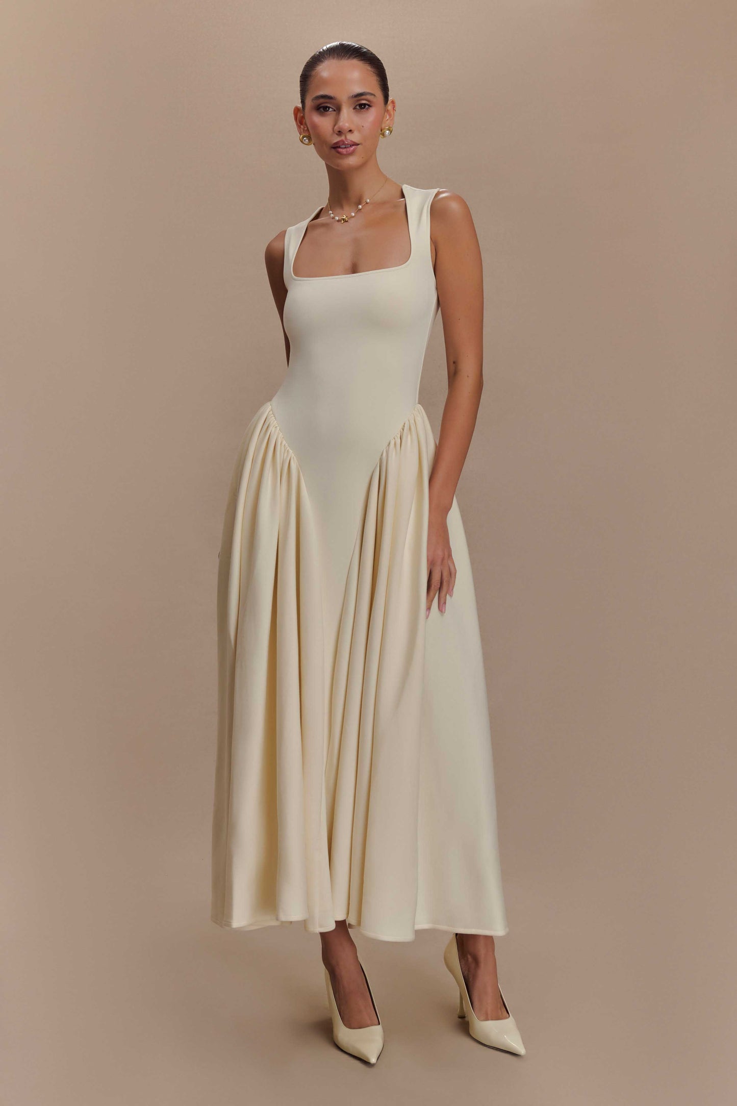 Sharon Scuba Jersey Midi Elbise - Krem