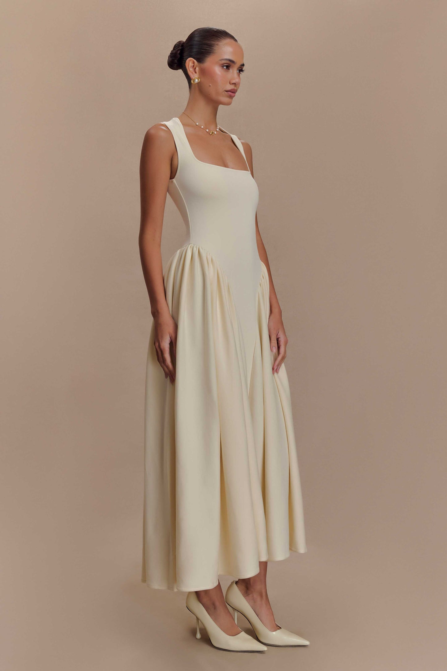 Sharon Scuba Jersey Midi Elbise - Krem