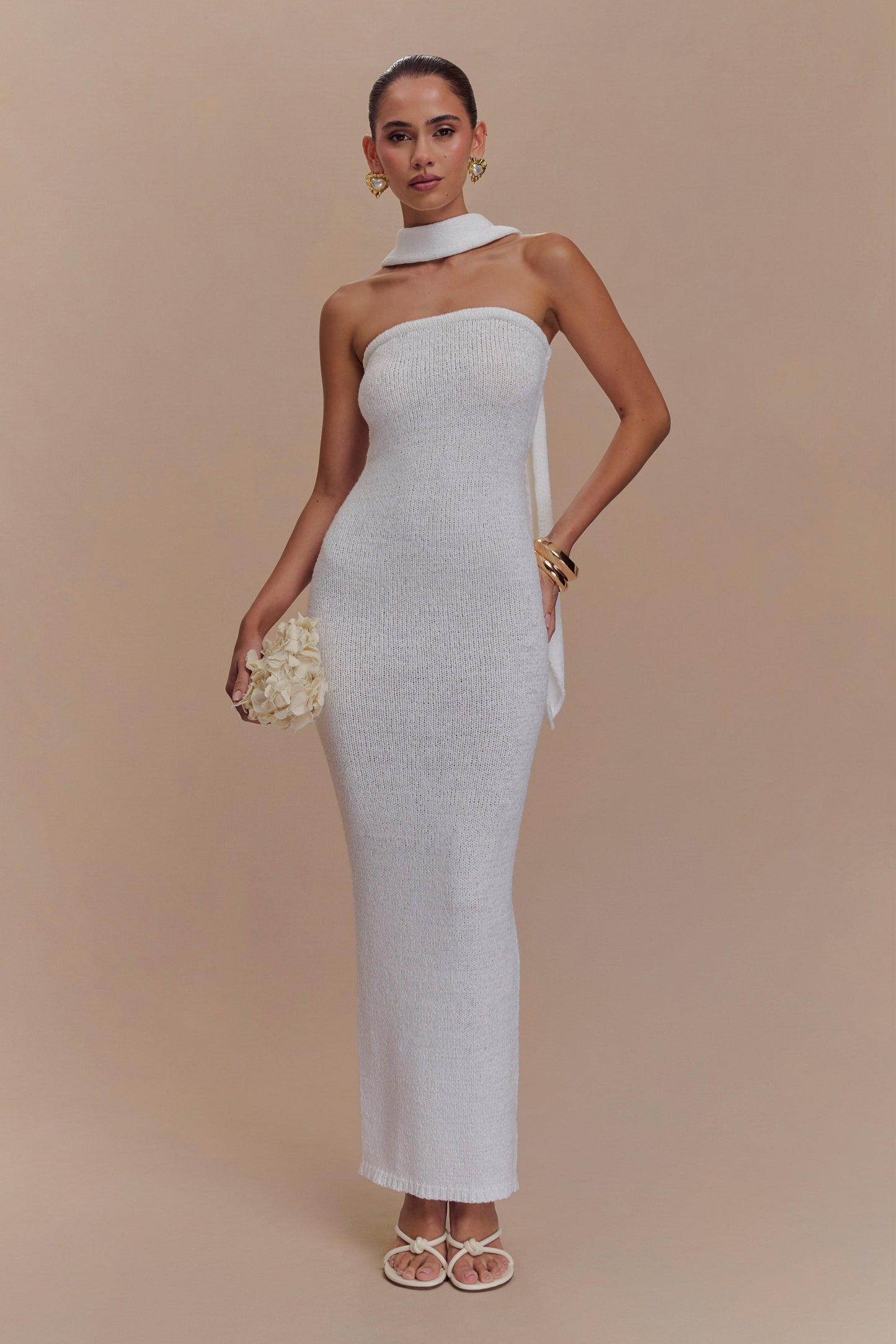 Andrea Strapless Örgü Maksi Elbise - Beyaz