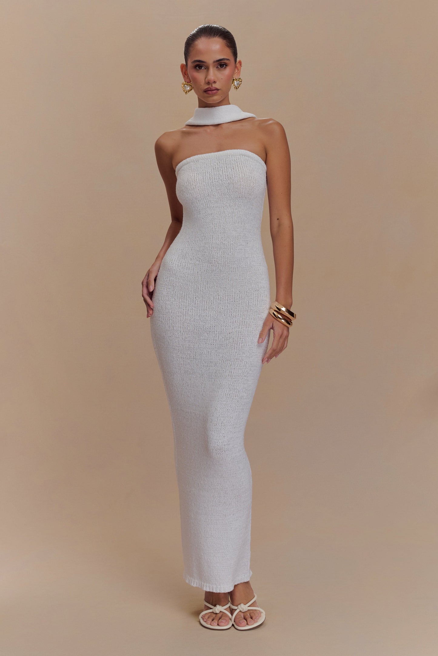 Andrea Strapless Örgü Maksi Elbise - Beyaz