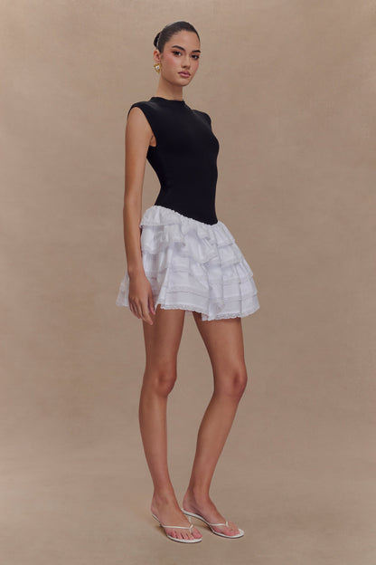 Maeve Contrast Ruffle Knit Mini Dress - Black/White