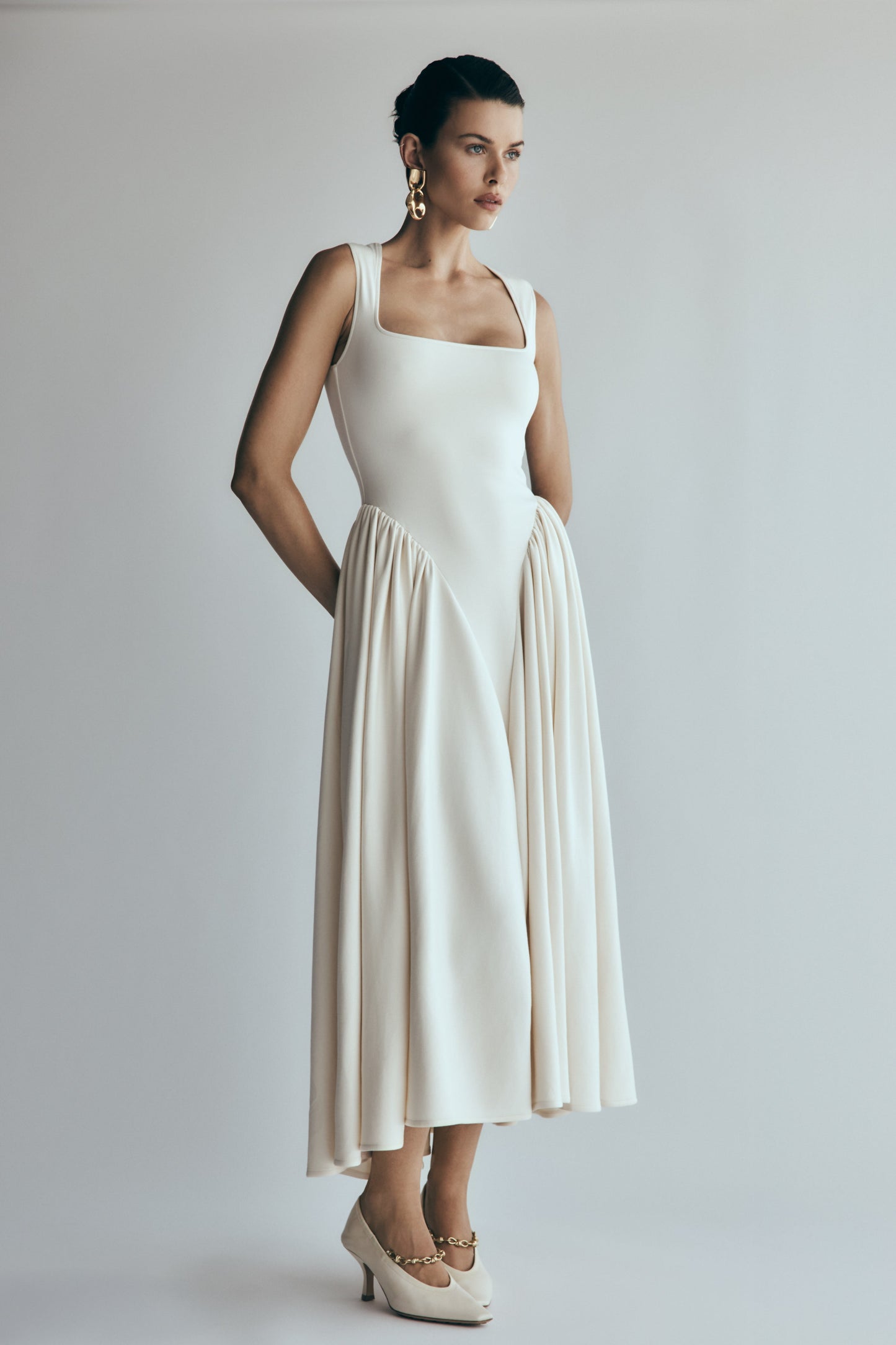 Sharon Scuba Jersey Midi Elbise - Krem