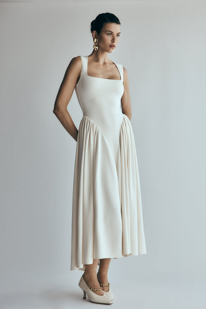 Sharon Scuba Jersey Midi Elbise - Krem