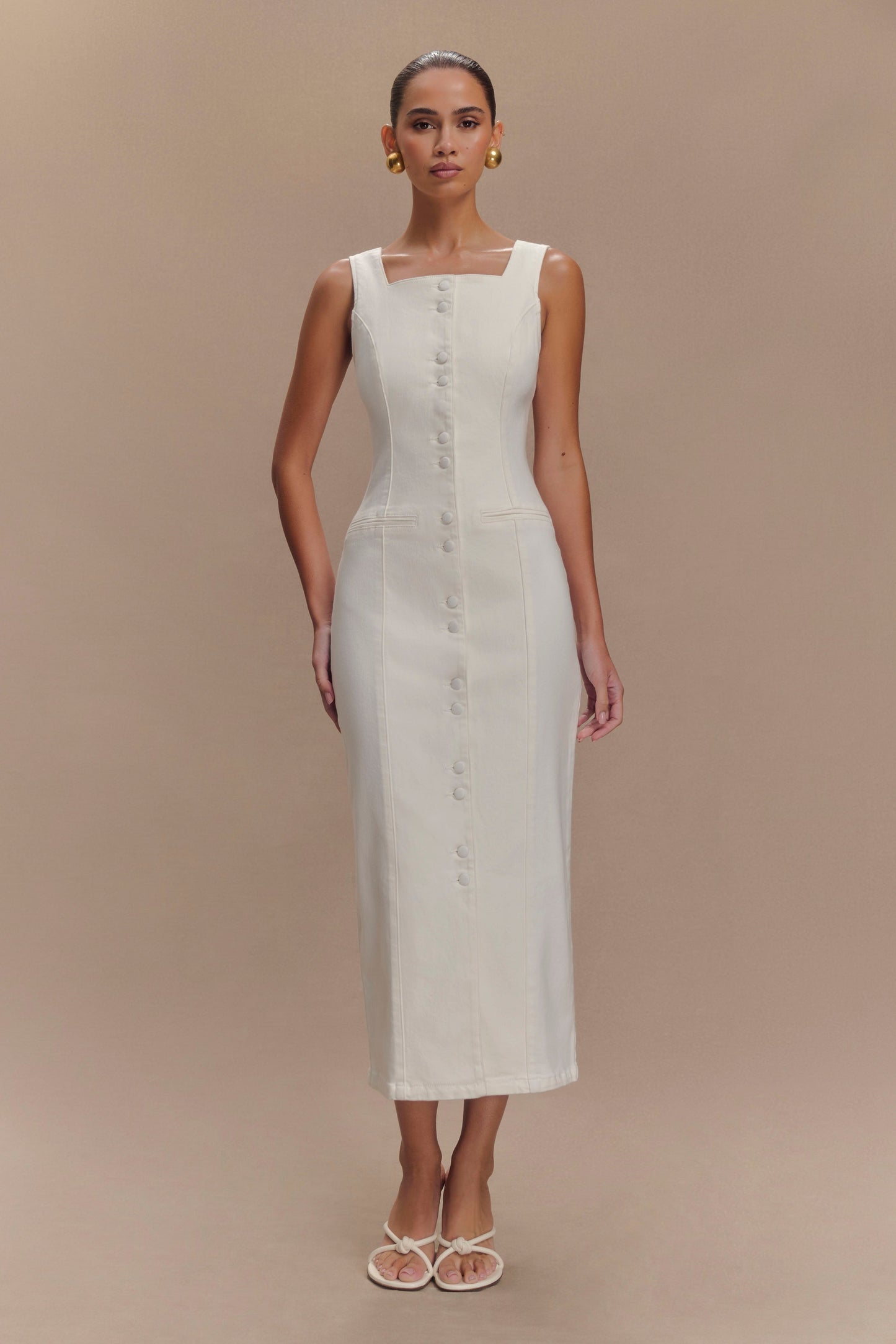 Reyna Denim Midi Elbise - Beyaz