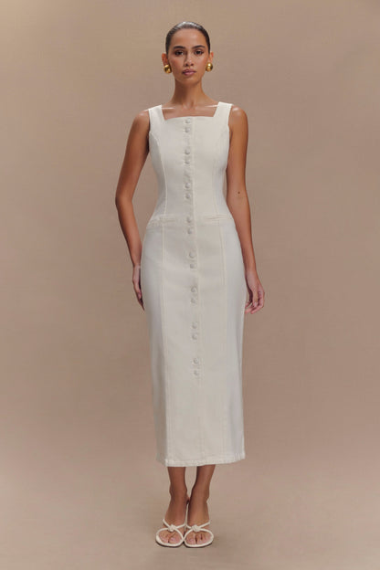 Reyna Denim Midi Elbise - Beyaz