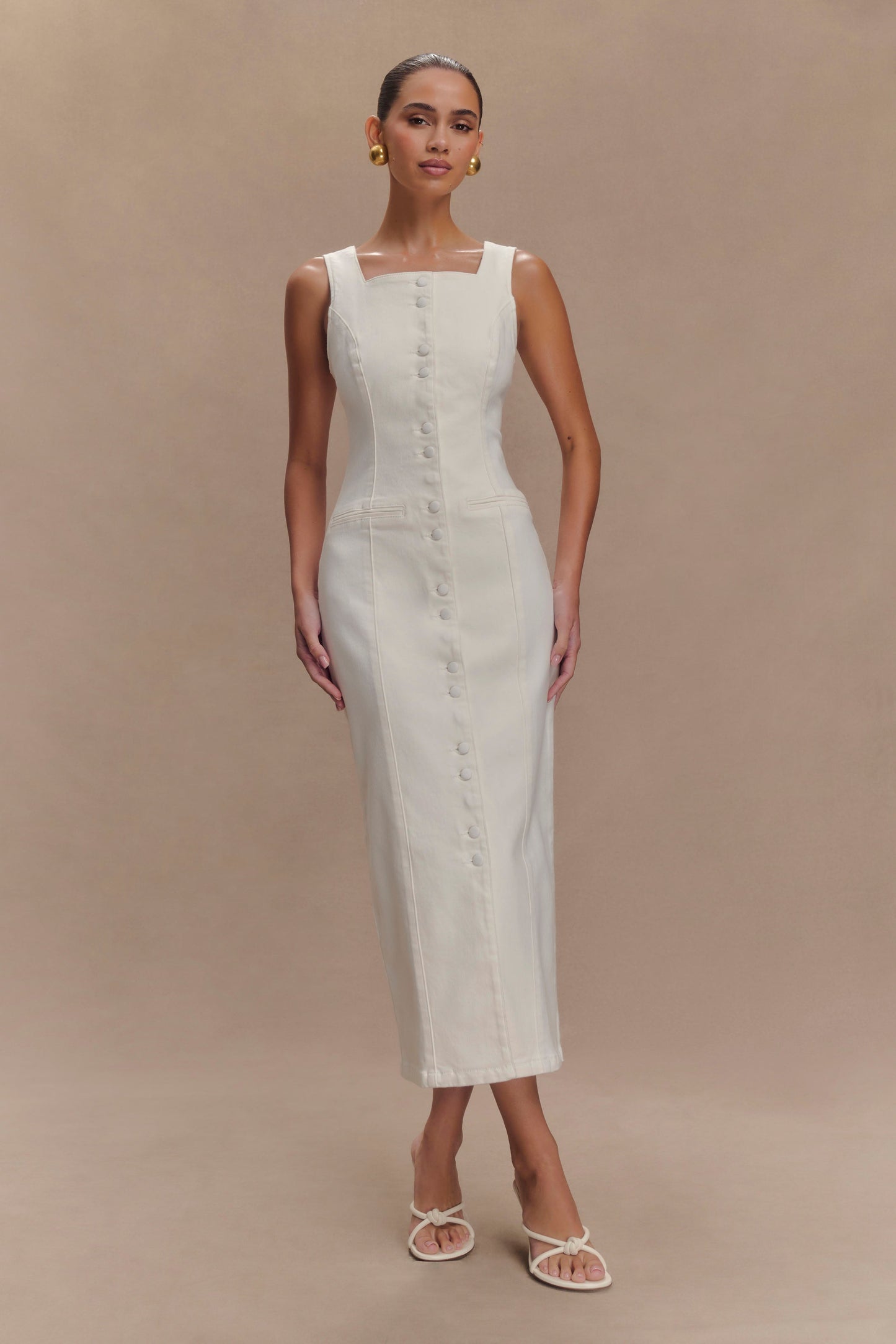 Reyna Denim Midi Elbise - Beyaz