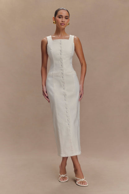Reyna Denim Midi Elbise - Beyaz