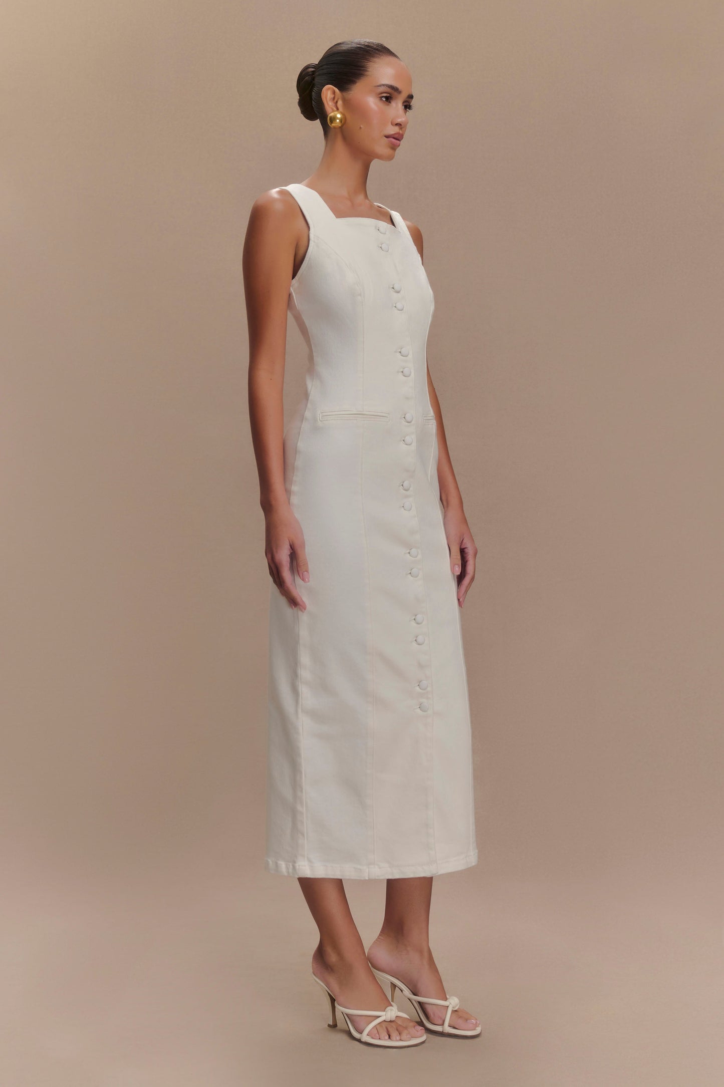 Reyna Denim Midi Elbise - Beyaz