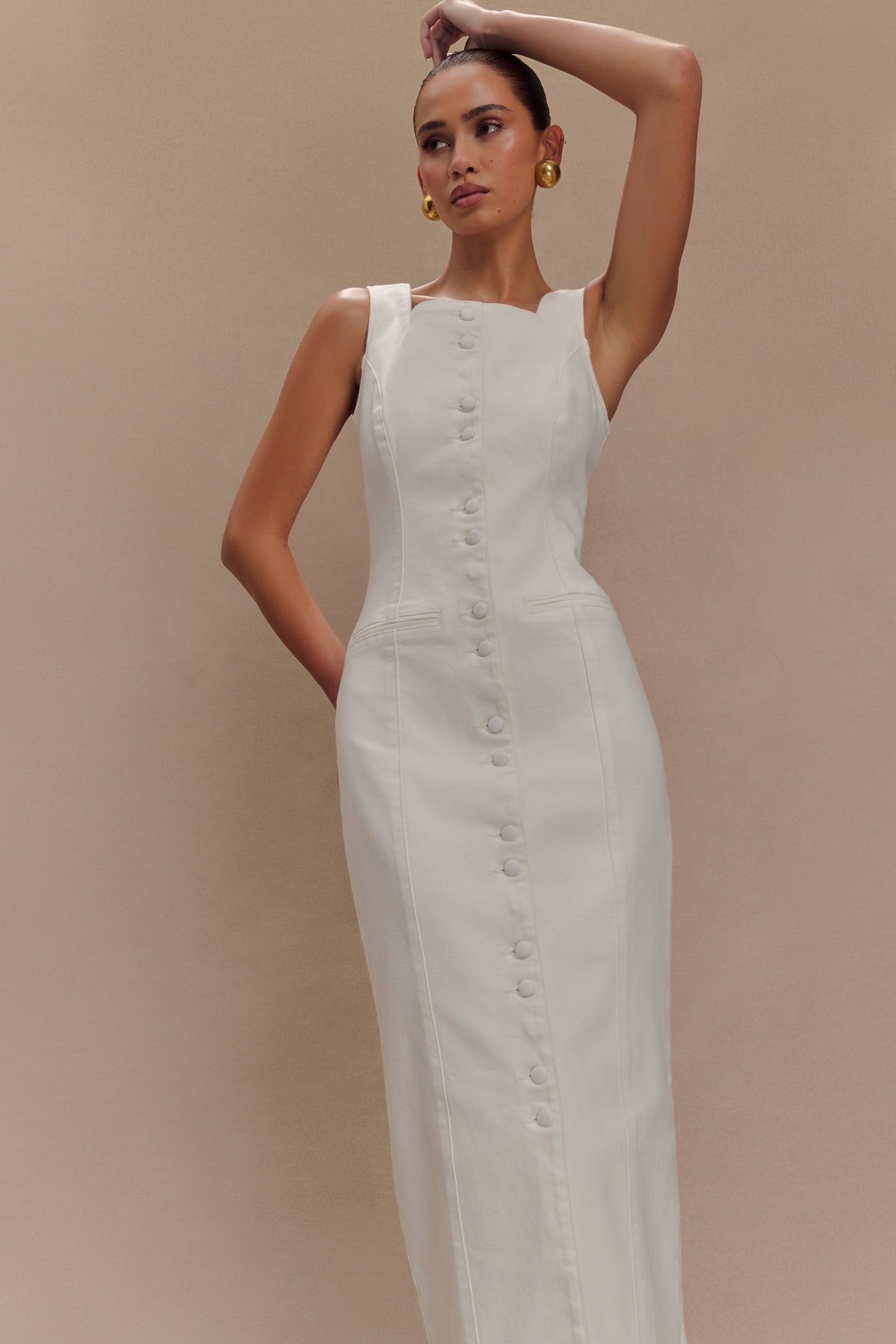 Reyna Denim Midi Elbise - Beyaz