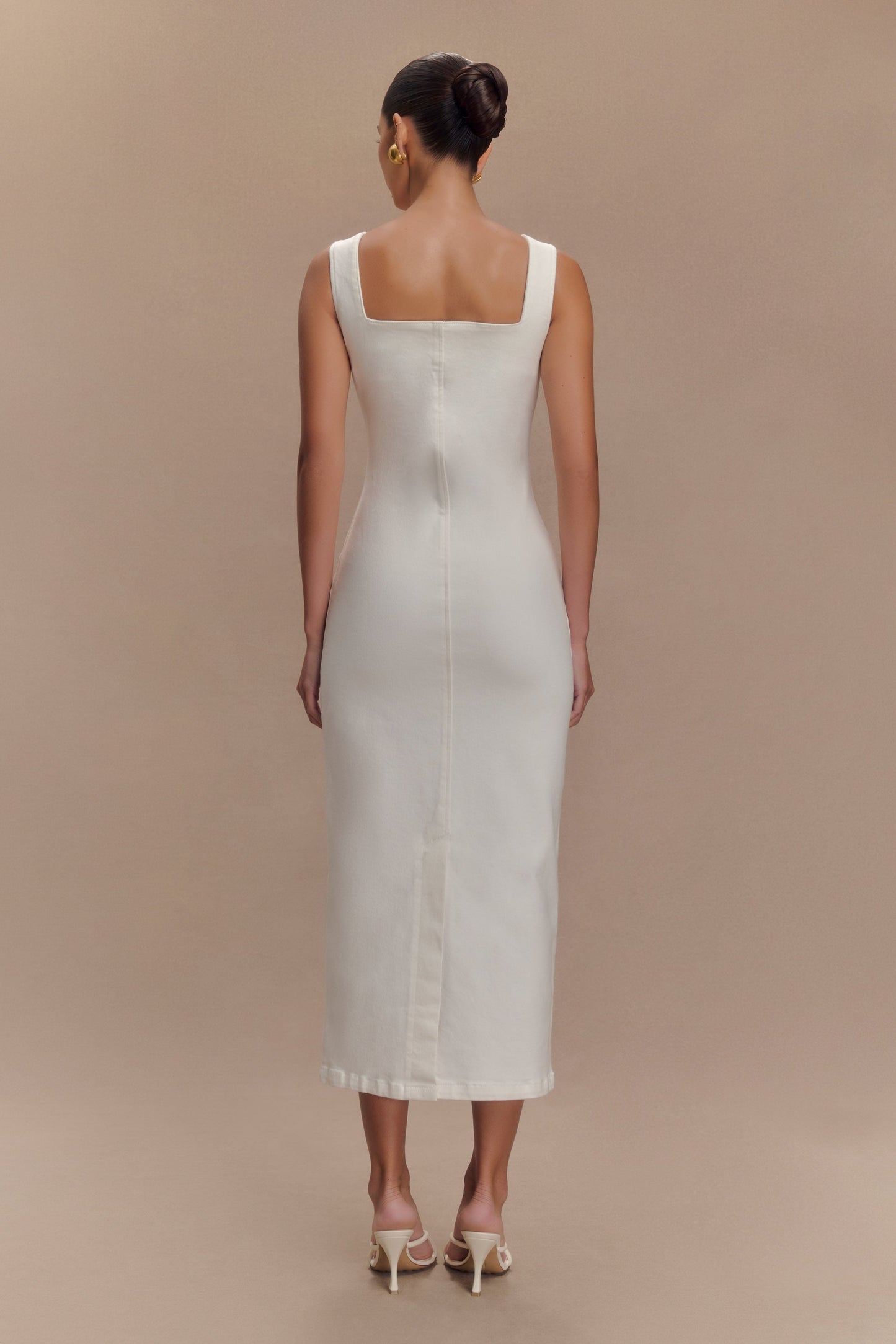 Reyna Denim Midi Elbise - Beyaz