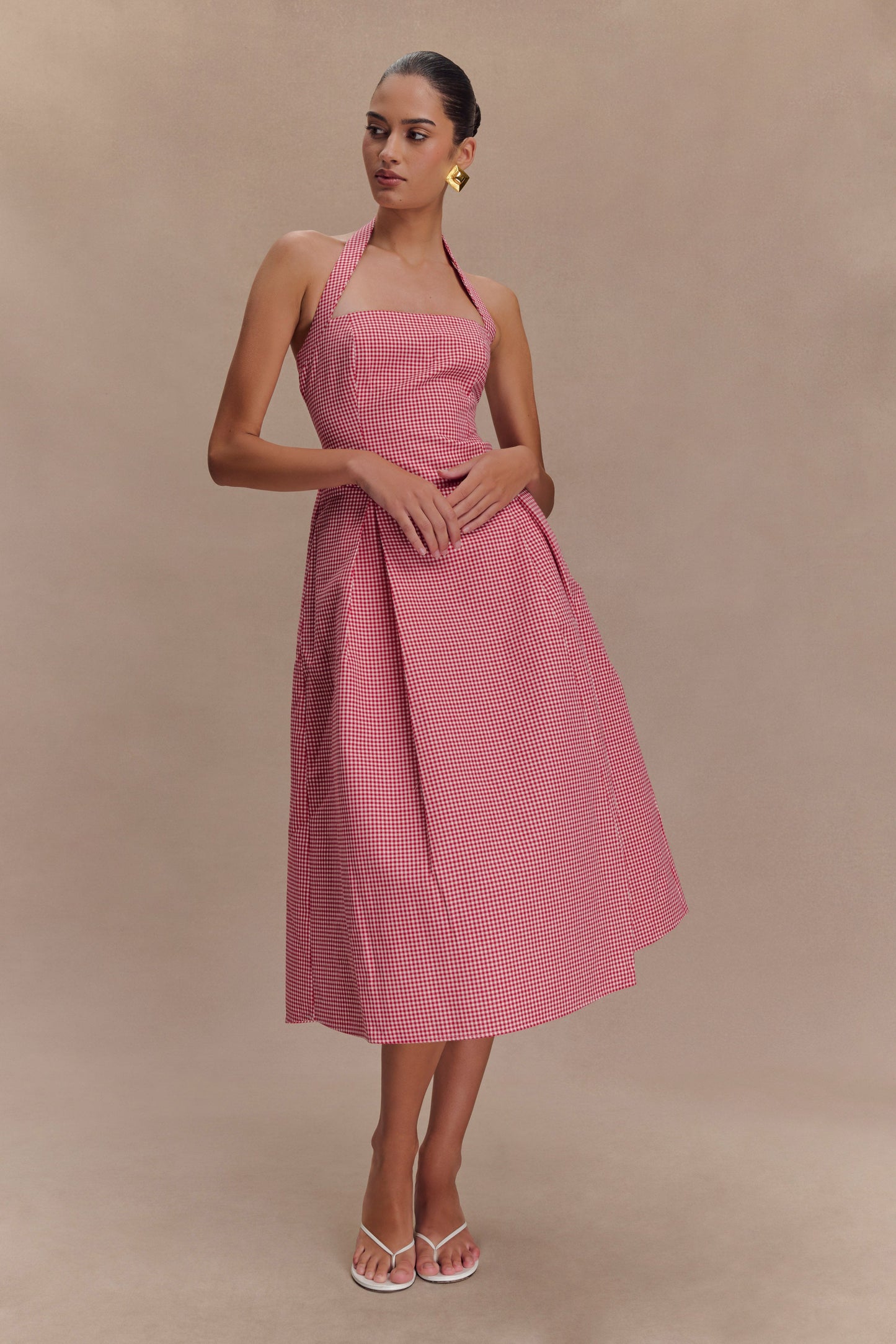 Juana Halter Midi Elbise - Kırmızı Ekose
