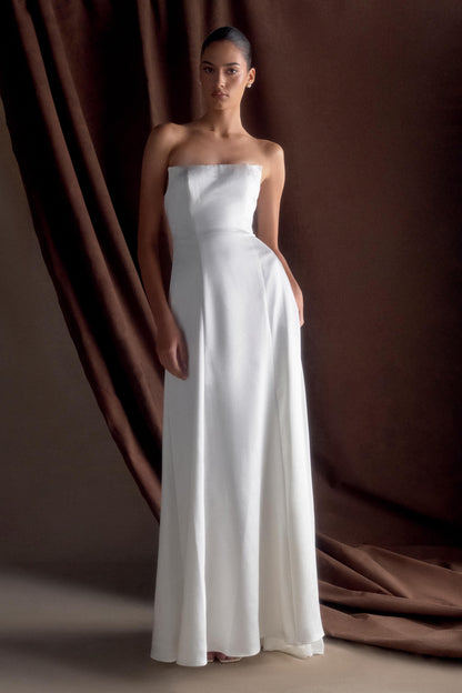 Rosella Saten Straplez Maxi Elbise - Beyaz