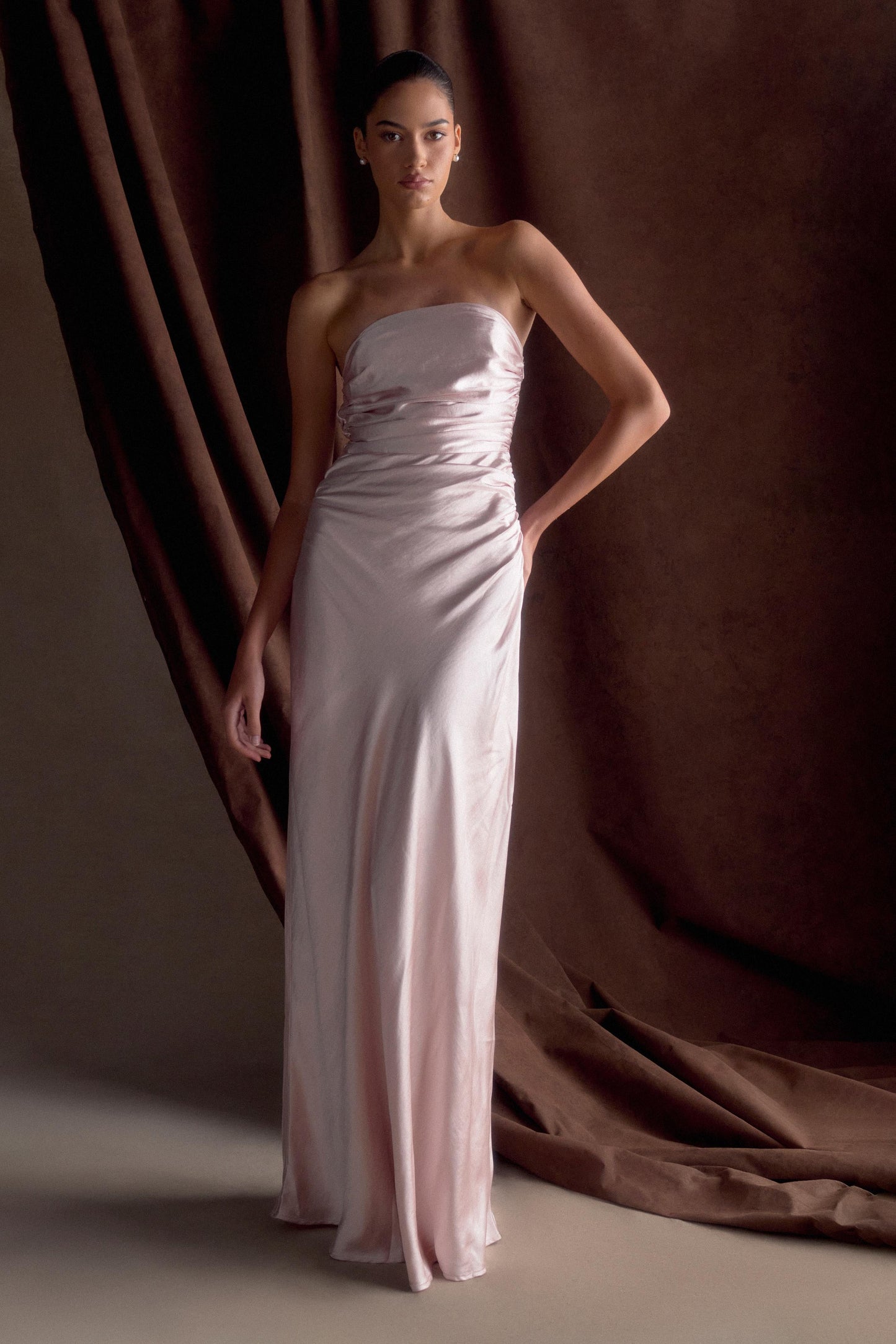 Cedar Strapless Saten Maksi Elbise - Soft Pembe