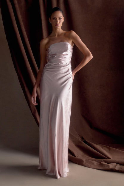 Cedar Strapless Saten Maksi Elbise - Soft Pembe