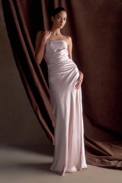 Cedar Strapless Saten Maksi Elbise - Soft Pembe