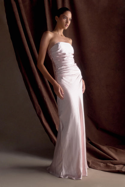 Cedar Strapless Saten Maksi Elbise - Soft Pembe