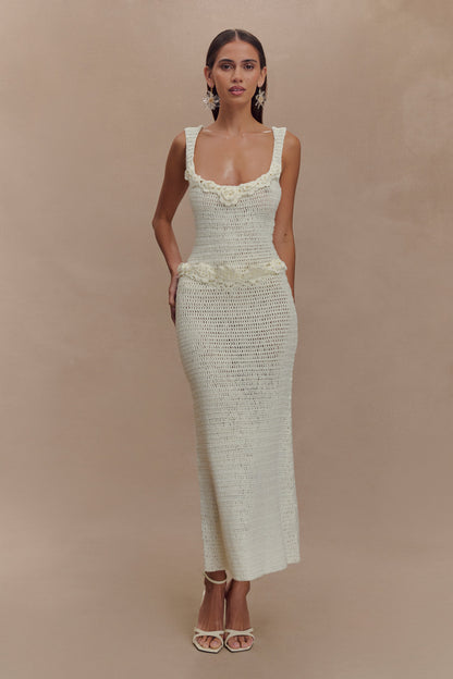 Teagan Floral Hand Crochet Midi Dress - Ivory
