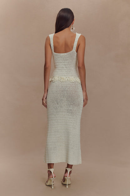 Teagan Floral Hand Crochet Midi Dress - Ivory