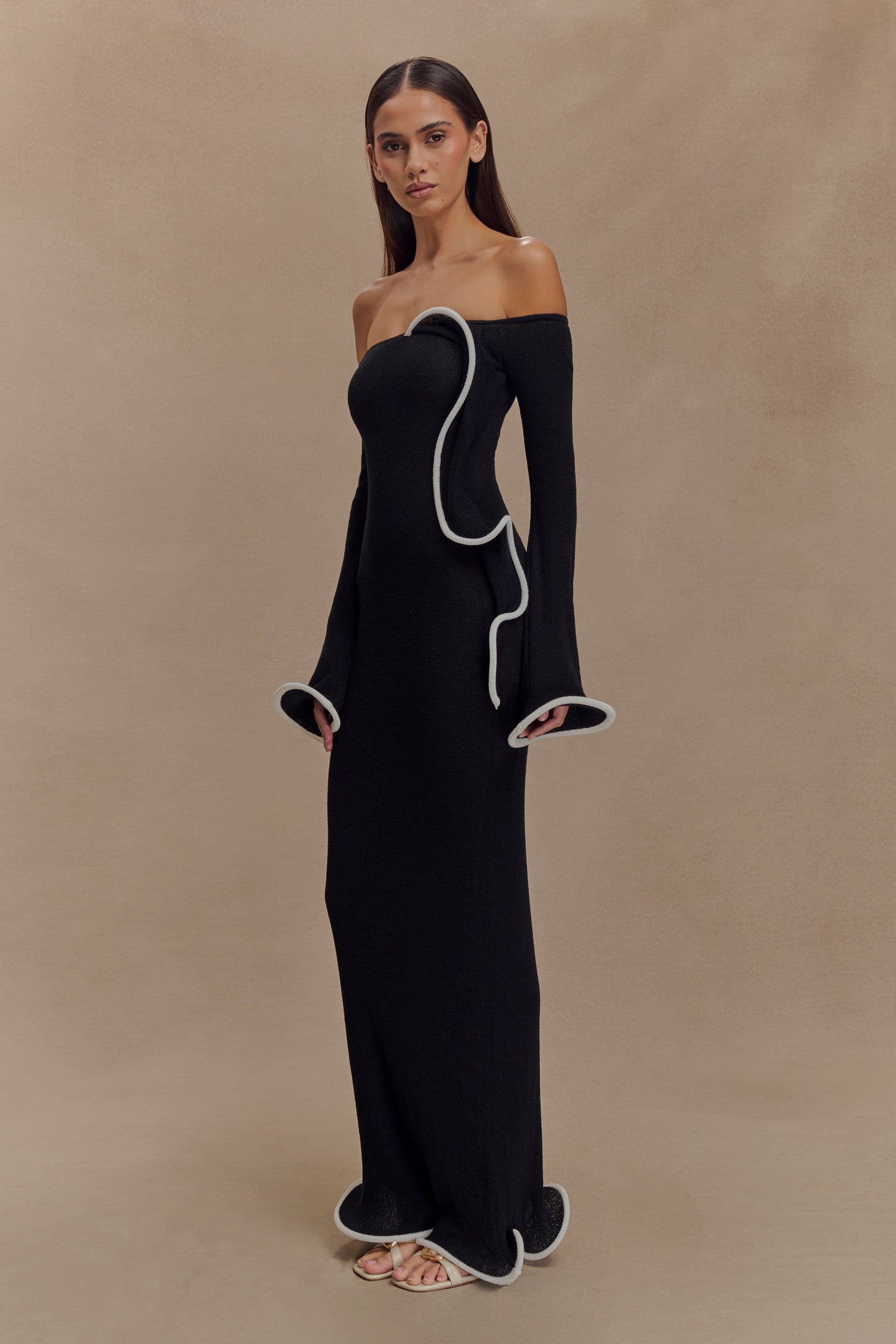 Sandrine Off Shoulder Knit Maxi Dress - Black/White