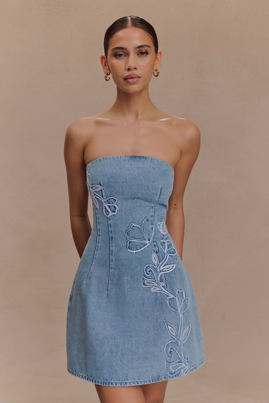 Akira Embroidered Denim Mini Dress - Mid Blue