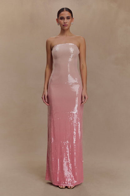 Miranda Strapless Payetli Maksi Elbise - Ombre Pembe