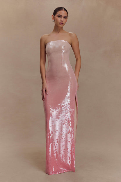 Miranda Strapless Payetli Maksi Elbise - Ombre Pembe
