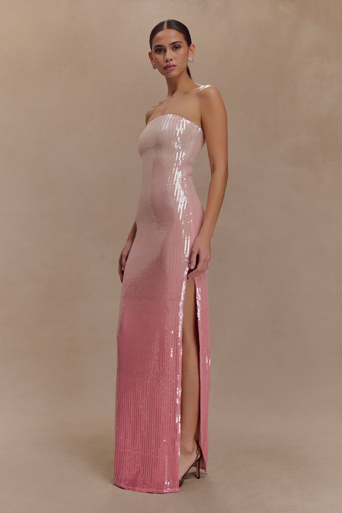 Miranda Strapless Payetli Maksi Elbise - Ombre Pembe