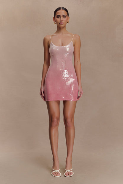 Mora Payetli Mini Elbise - Ombre Pembe