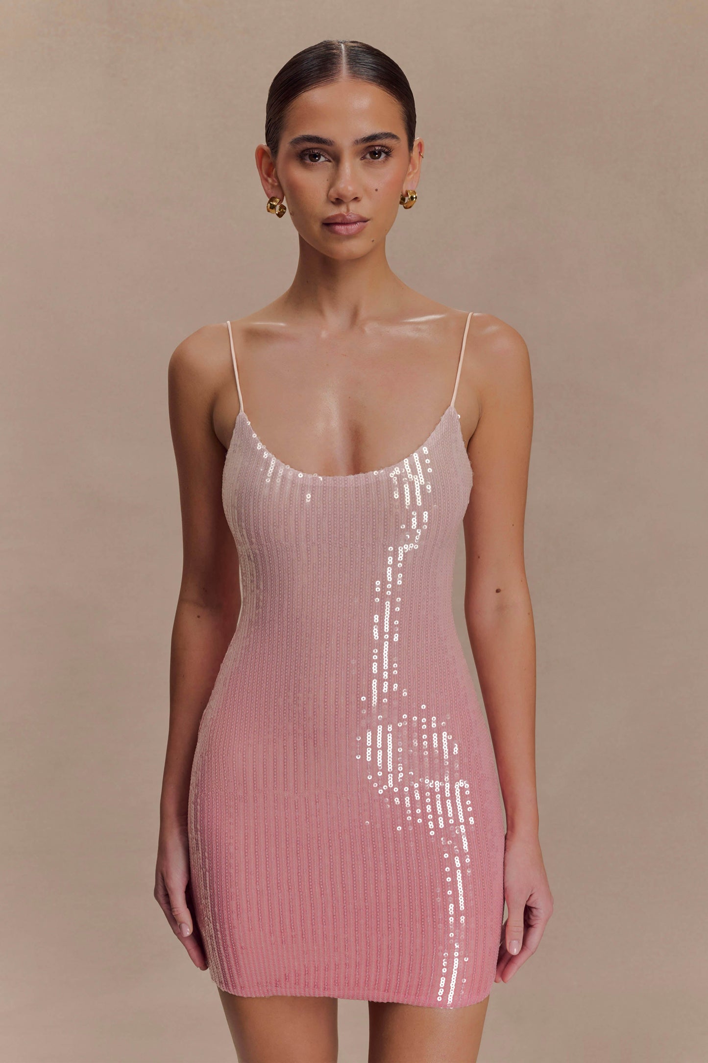 Mora Payetli Mini Elbise - Ombre Pembe