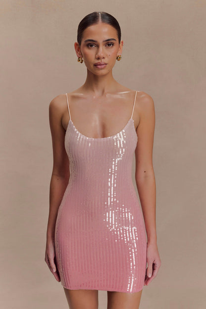 Mora Payetli Mini Elbise - Ombre Pembe