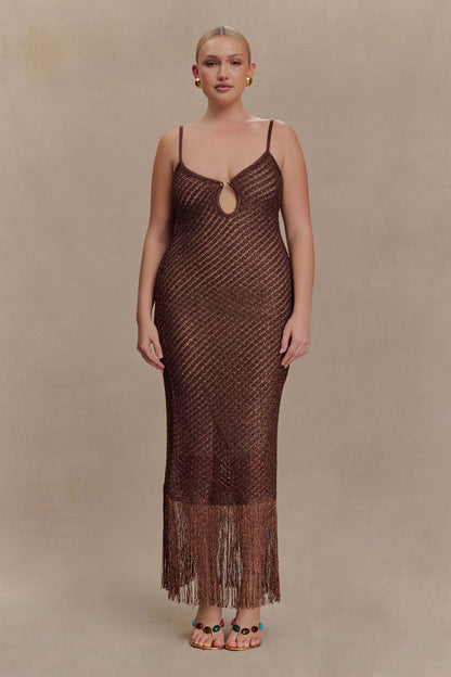 Raelynn Metallic Knit Fringe Midi Dress - Dark Chocolate