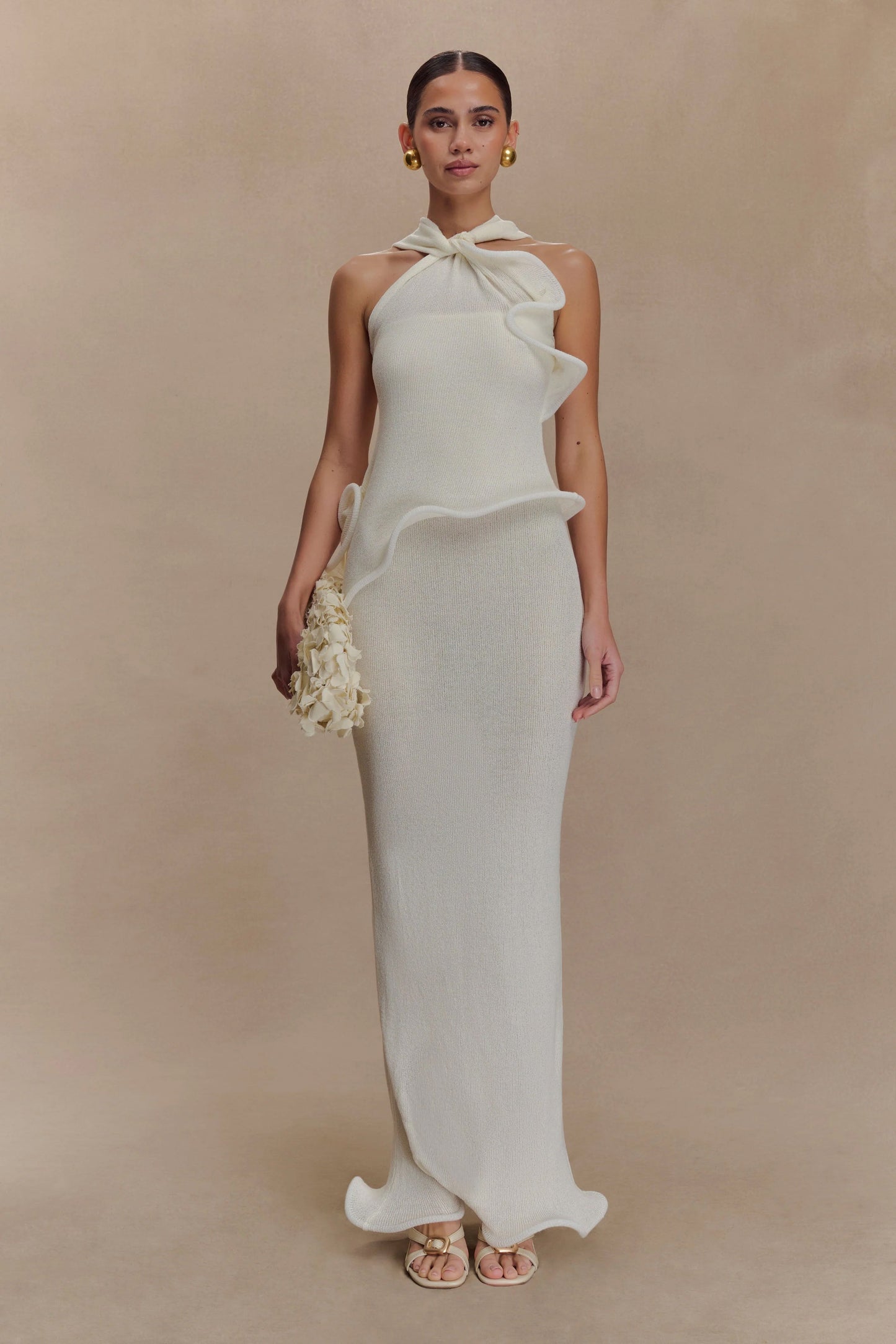 Caprice Halter Örgü Maksi Elbise - Beyaz