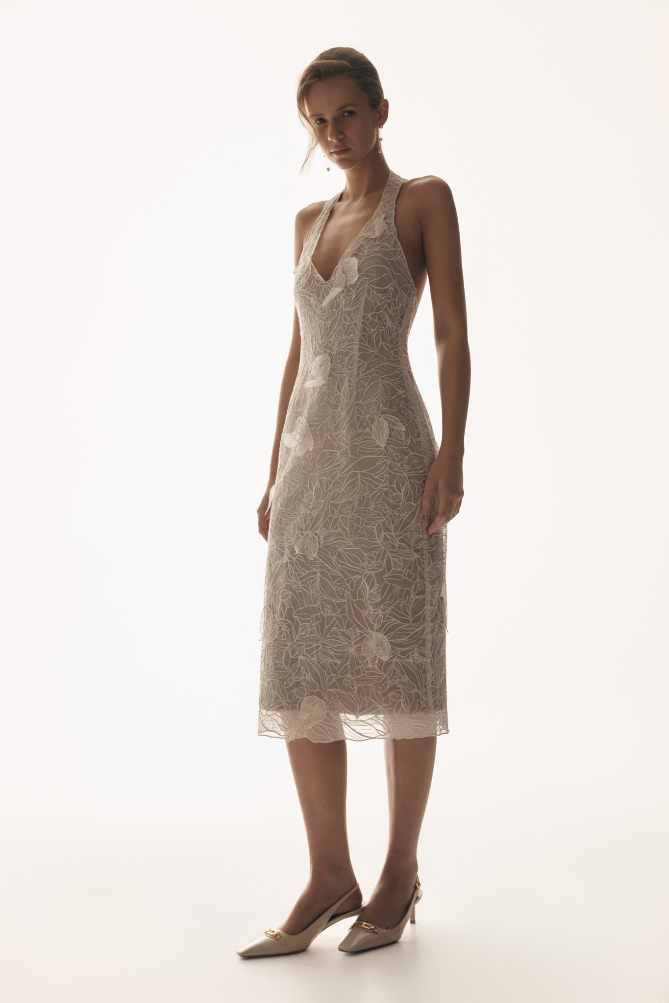 Lenore İpek Dantel Halter Midi Elbise - Krem