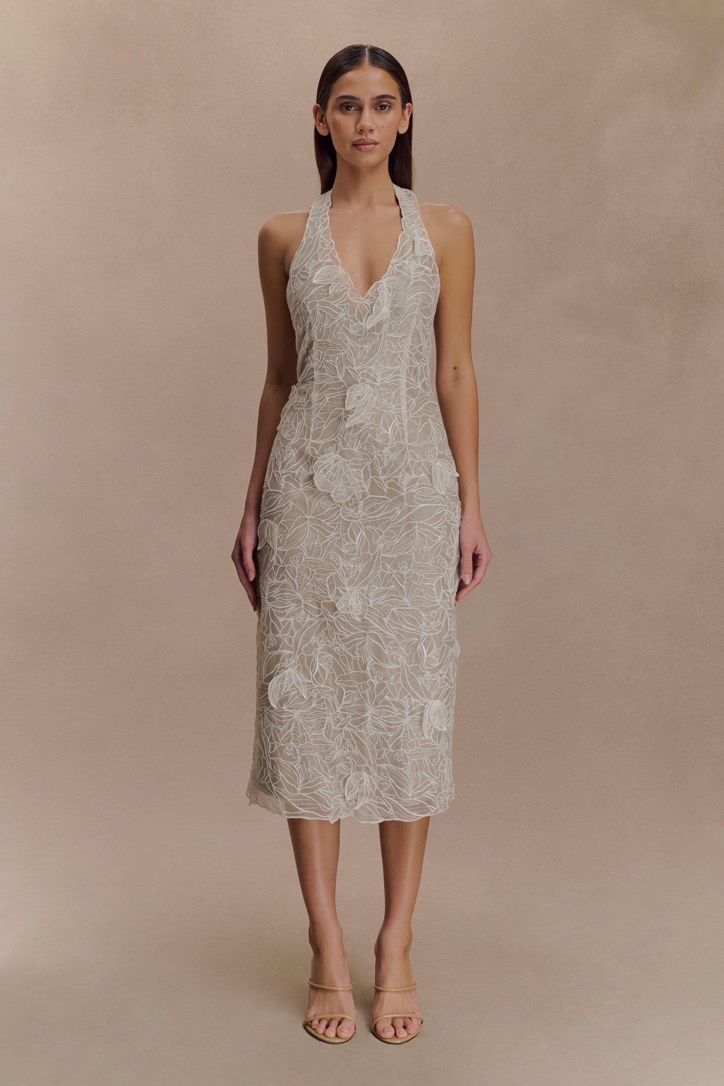 Lenore İpek Dantel Halter Midi Elbise - Krem