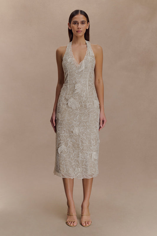 Lenore İpek Dantel Halter Midi Elbise - Krem