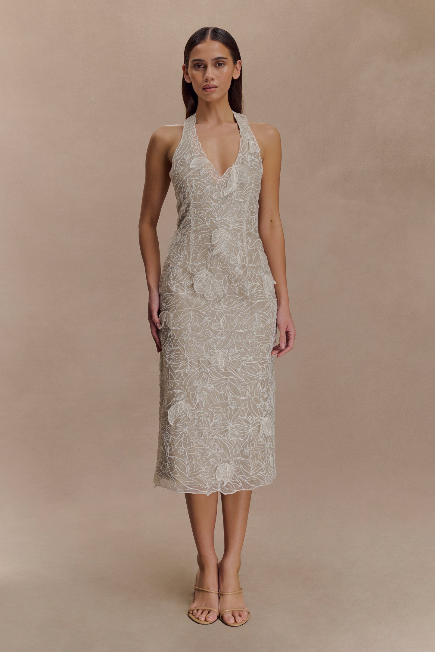 Lenore İpek Dantel Halter Midi Elbise - Krem