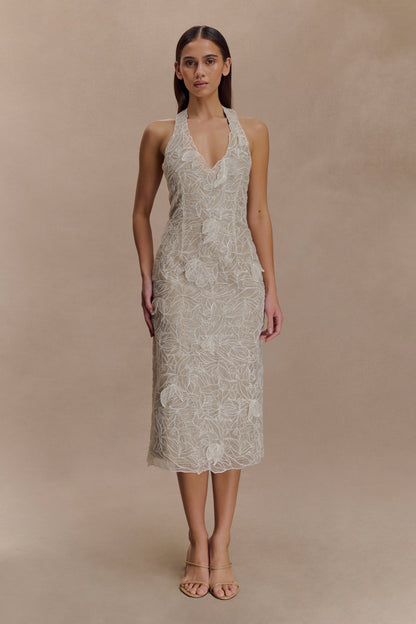 Lenore İpek Dantel Halter Midi Elbise - Krem