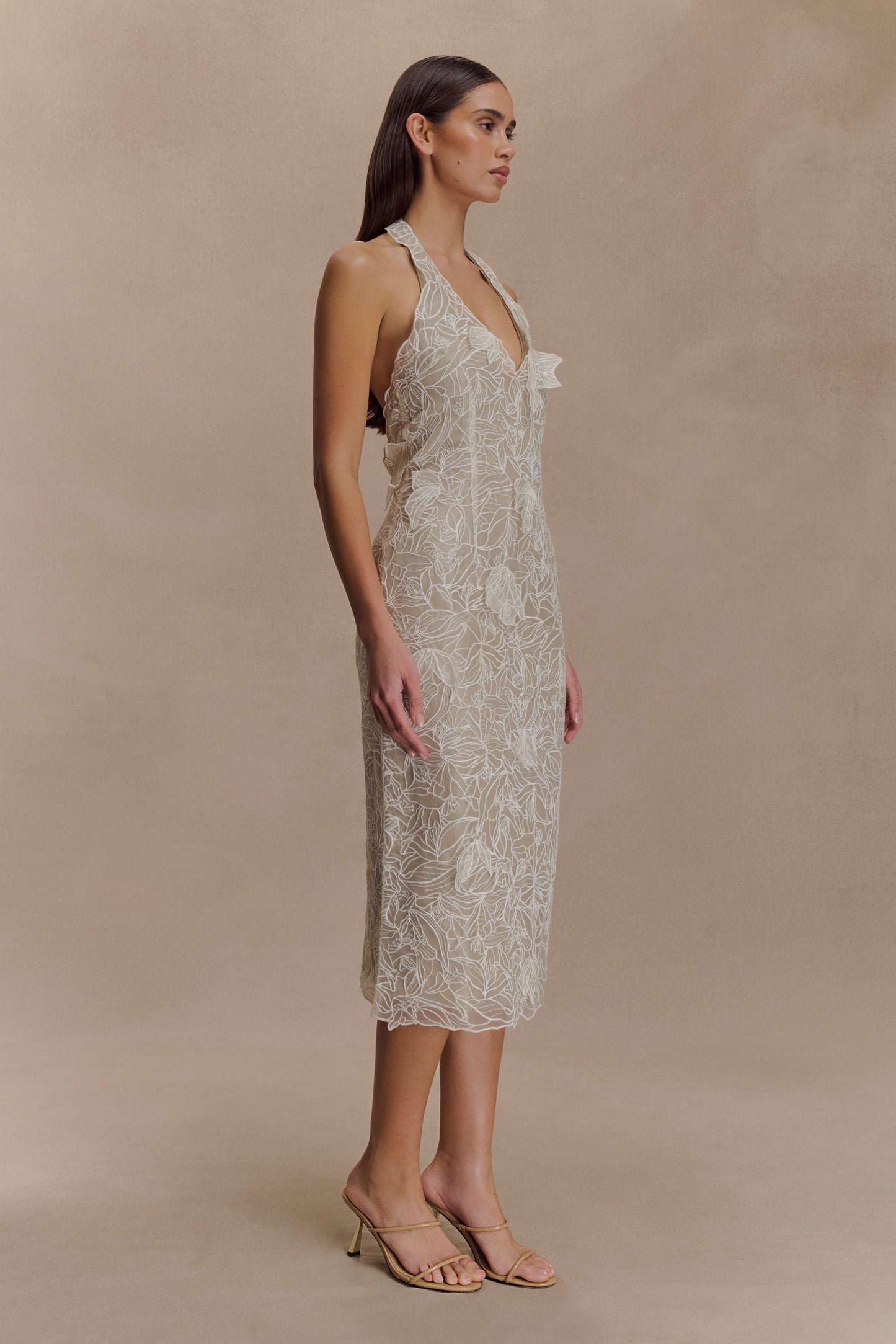 Lenore İpek Dantel Halter Midi Elbise - Krem
