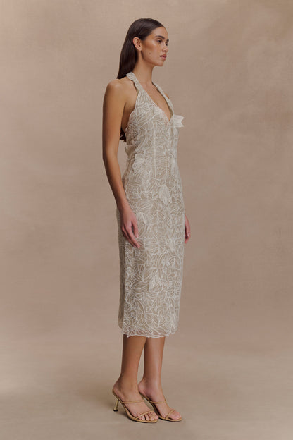 Lenore İpek Dantel Halter Midi Elbise - Krem