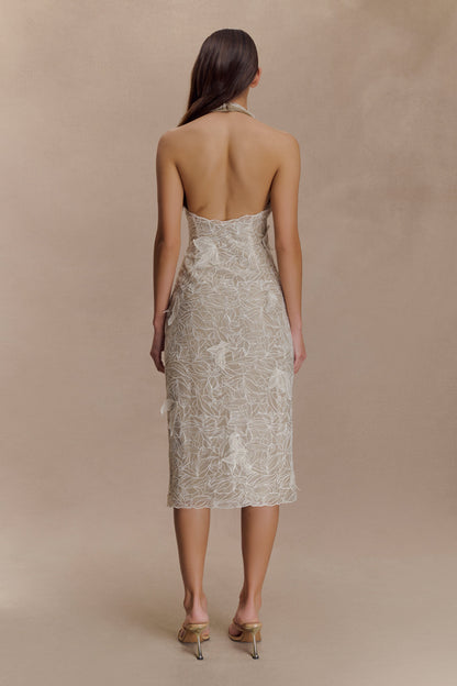 Lenore İpek Dantel Halter Midi Elbise - Krem
