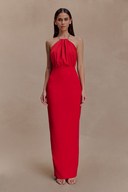 Elina Satin Necklace Maxi Dress - Red